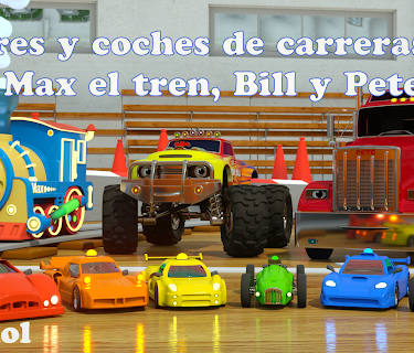 Colores y coches de carreras con Max el tren, Bill el camión monstruo y Pete el camión - juguetes