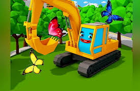 3D Cars Stories: Orange Excavator with butterflies
