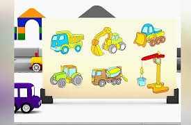 4 Cars: Colored cars and jigsaw puzzle: construction vehicles