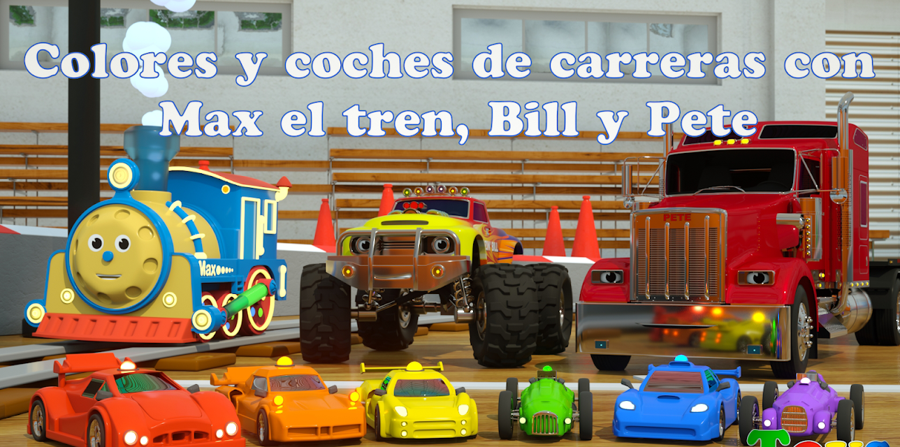 Colores y coches de carreras con Max el tren, Bill el camión monstruo y Pete el camión - juguetes