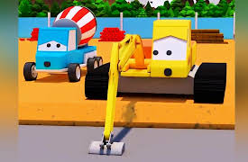 Trucks' Tales - Cartoons for Kids: Yellow Excavator and the Concrete Mixer lay the foundation
