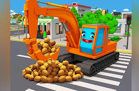 3D Cars Stories: Orange Excavator with nuts